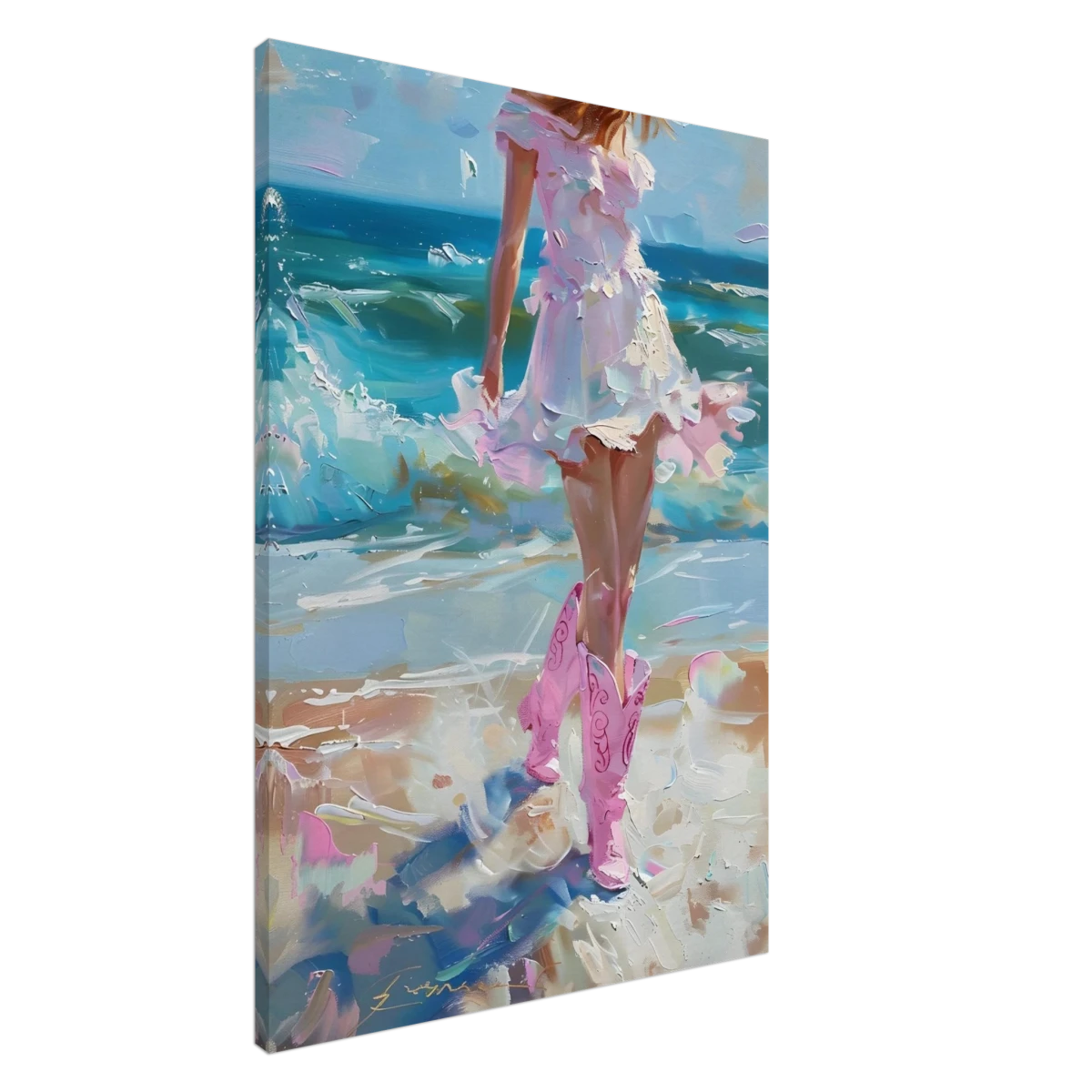 "Seaside Sass" – Pink Boots & Ocean Breeze | Wall Art Print - Canvas - 70x100 cm / 28x40″ -