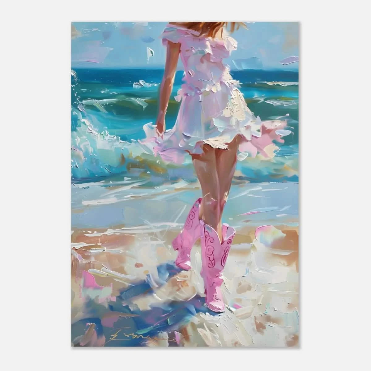 "Seaside Sass" – Pink Boots & Ocean Breeze | Wall Art Print - Aluminum Print - 70x100 cm / 28x40″ -