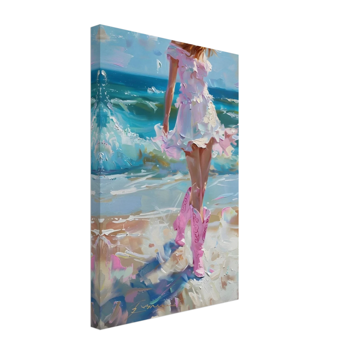 "Seaside Sass" – Pink Boots & Ocean Breeze | Wall Art Print - Canvas - 30x45 cm / 12x18″ -