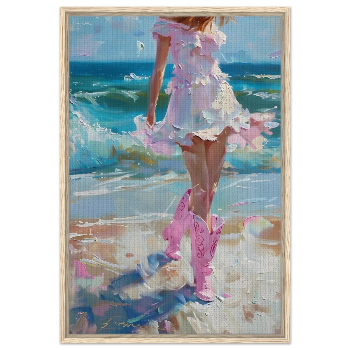 "Seaside Sass" – Pink Boots & Ocean Breeze | Wall Art Print - Framed Canvas - 60x90 cm / 24x36″ - Wood frame