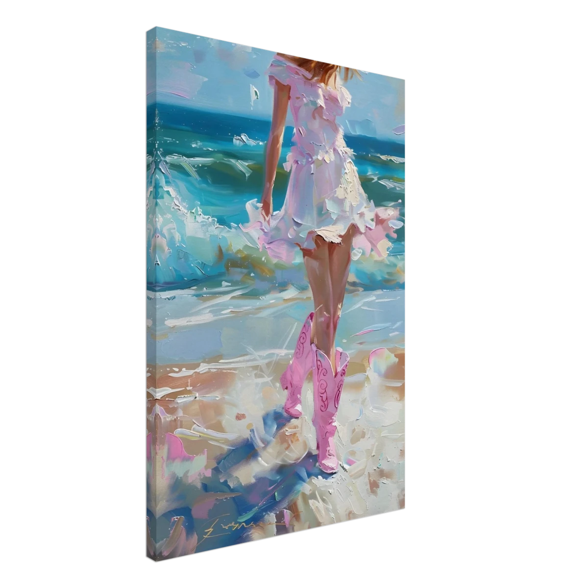 "Seaside Sass" – Pink Boots & Ocean Breeze | Wall Art Print - Canvas - 50x75 cm / 20x30″ -