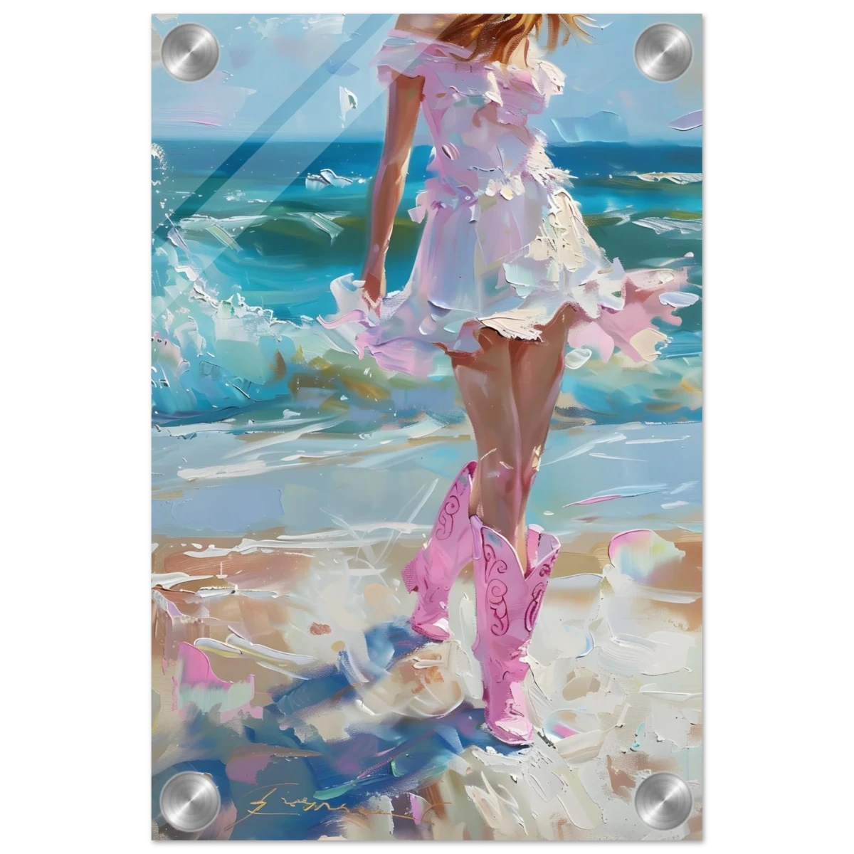 "Seaside Sass" – Pink Boots & Ocean Breeze | Wall Art Print - Acrylic Print - 20x30 cm / 8x12″ -