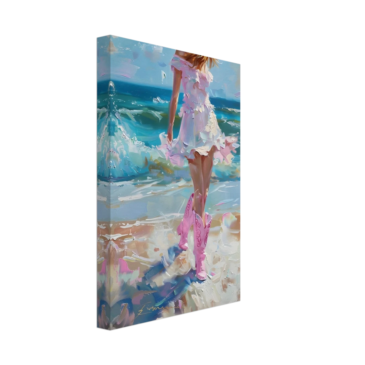 "Seaside Sass" – Pink Boots & Ocean Breeze | Wall Art Print - Canvas - 20x30 cm / 8x12″ -