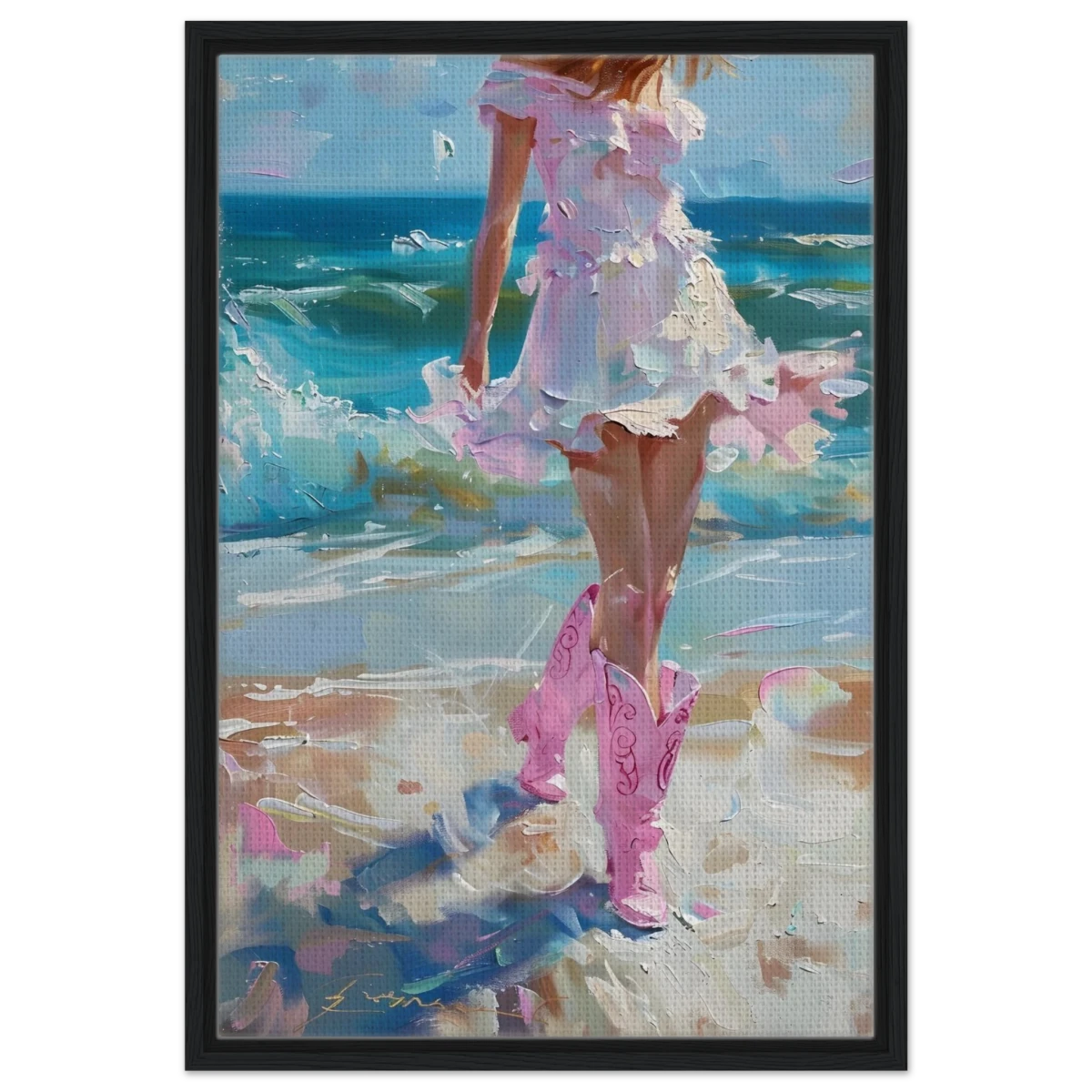 "Seaside Sass" – Pink Boots & Ocean Breeze | Wall Art Print - Framed Canvas - 50x75 cm / 20x30″ - Black frame