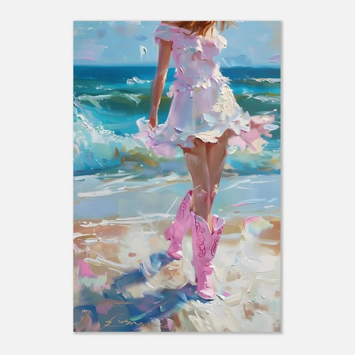 "Seaside Sass" – Pink Boots & Ocean Breeze | Wall Art Print - Aluminum Print - 60x90 cm / 24x36″ -