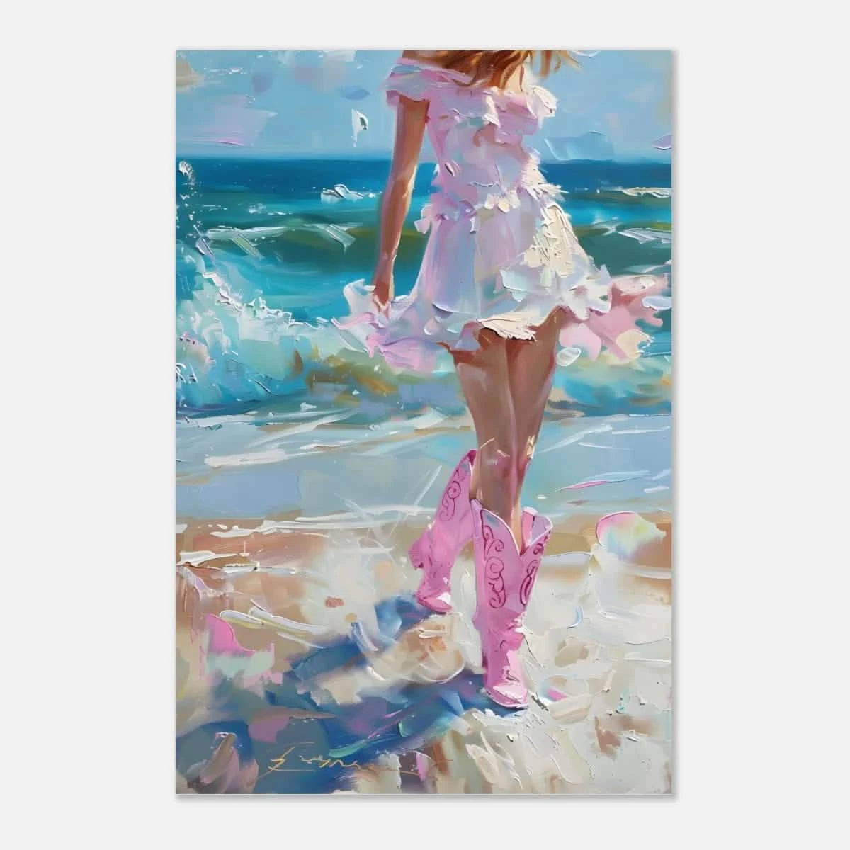 "Seaside Sass" – Pink Boots & Ocean Breeze | Wall Art Print - Aluminum Print - 30x45 cm / 12x18″ -