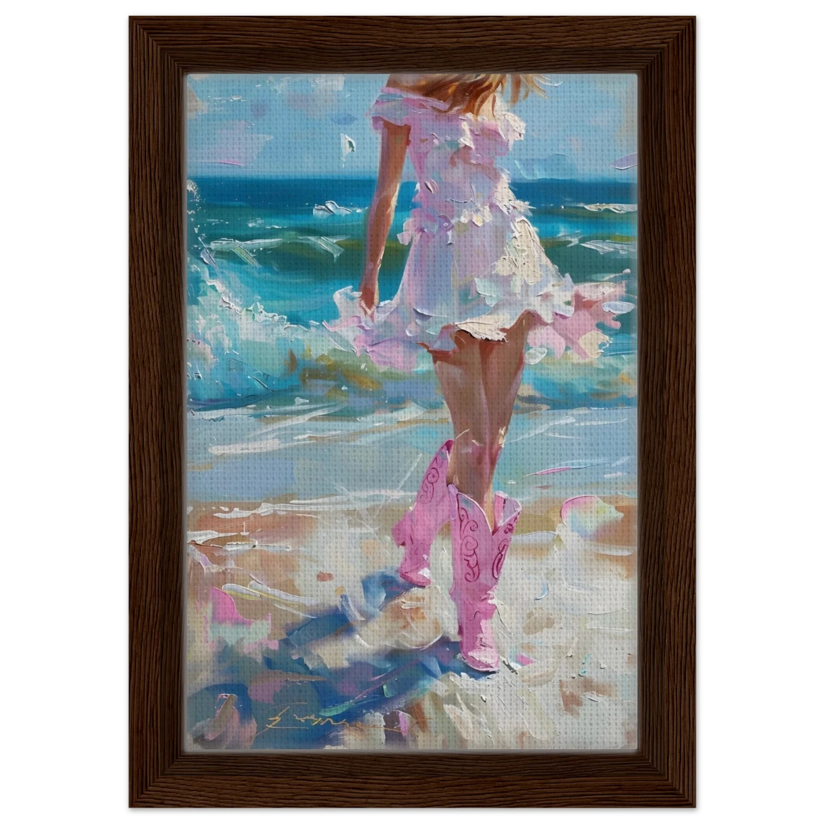"Seaside Sass" – Pink Boots & Ocean Breeze | Wall Art Print - Framed Canvas - 20x30 cm / 8x12″ - Dark wood frame