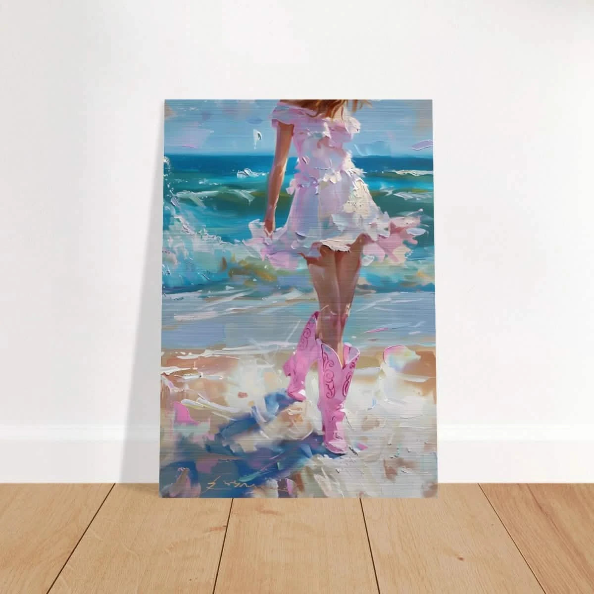 "Seaside Sass" – Pink Boots & Ocean Breeze | Wall Art Print - Brushed Aluminum Print - 70x100 cm / 28x40″ -