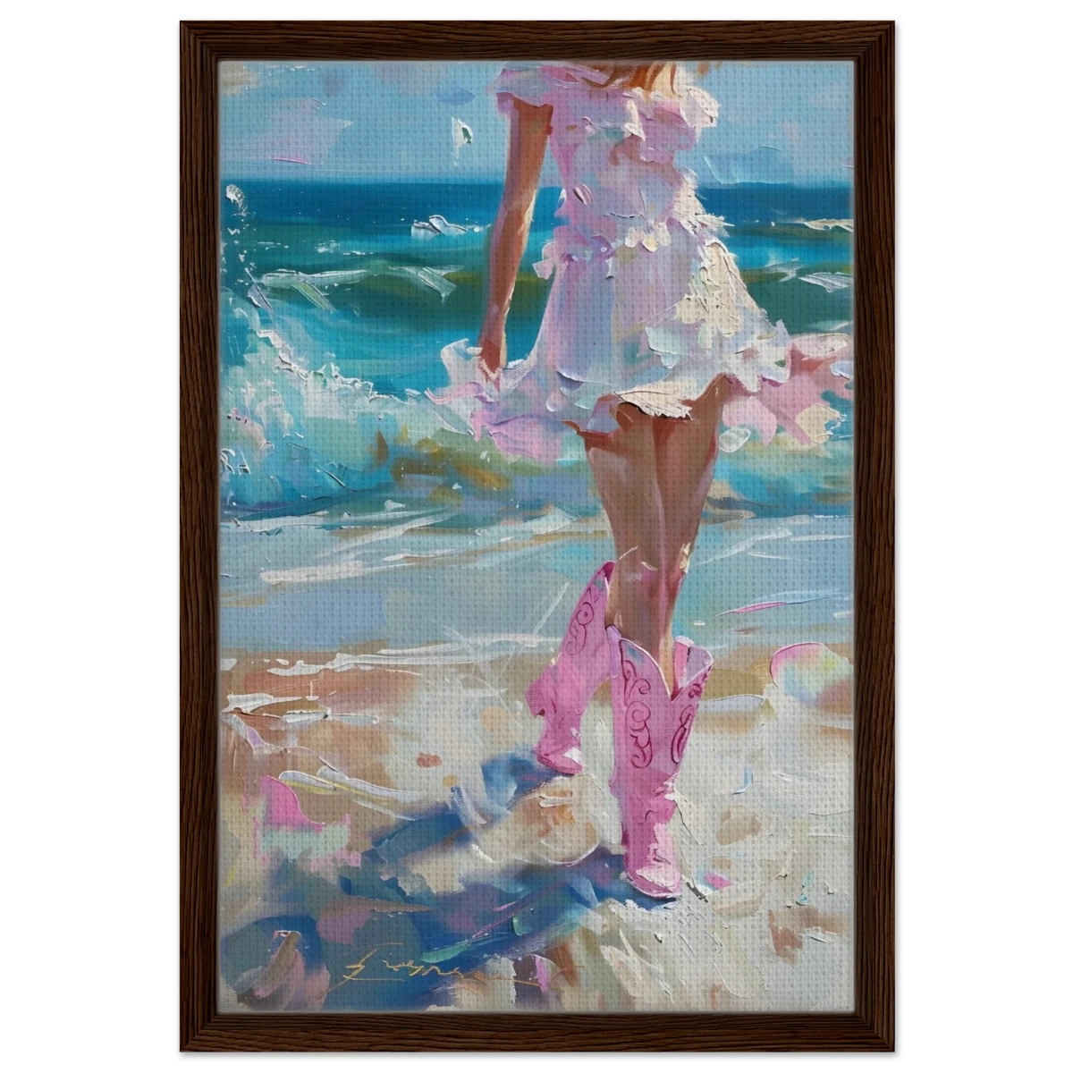 "Seaside Sass" – Pink Boots & Ocean Breeze | Wall Art Print - Framed Canvas - 40x60 cm / 16x24″ - Dark wood frame
