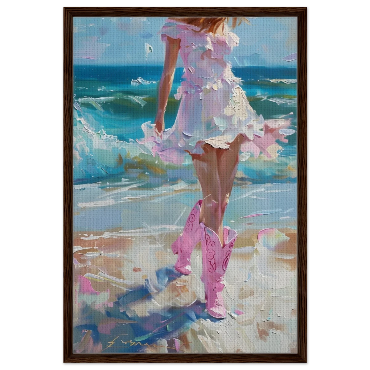 "Seaside Sass" – Pink Boots & Ocean Breeze | Wall Art Print - Framed Canvas - 60x90 cm / 24x36″ - Dark wood frame