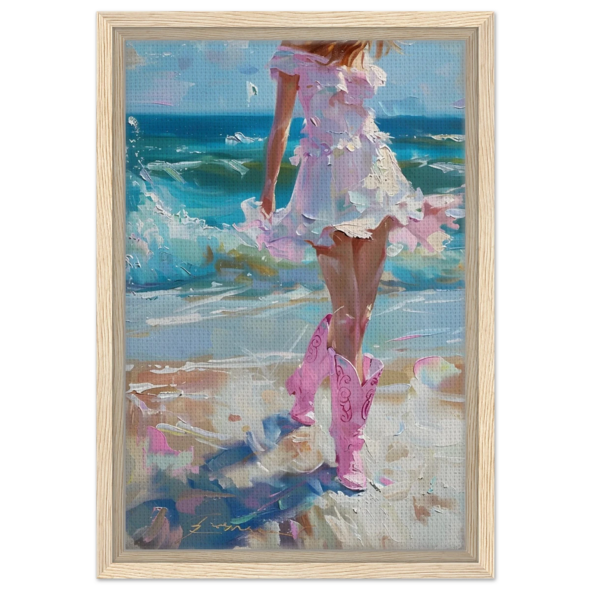 "Seaside Sass" – Pink Boots & Ocean Breeze | Wall Art Print - Framed Canvas - 30x45 cm / 12x18″ - Wood frame