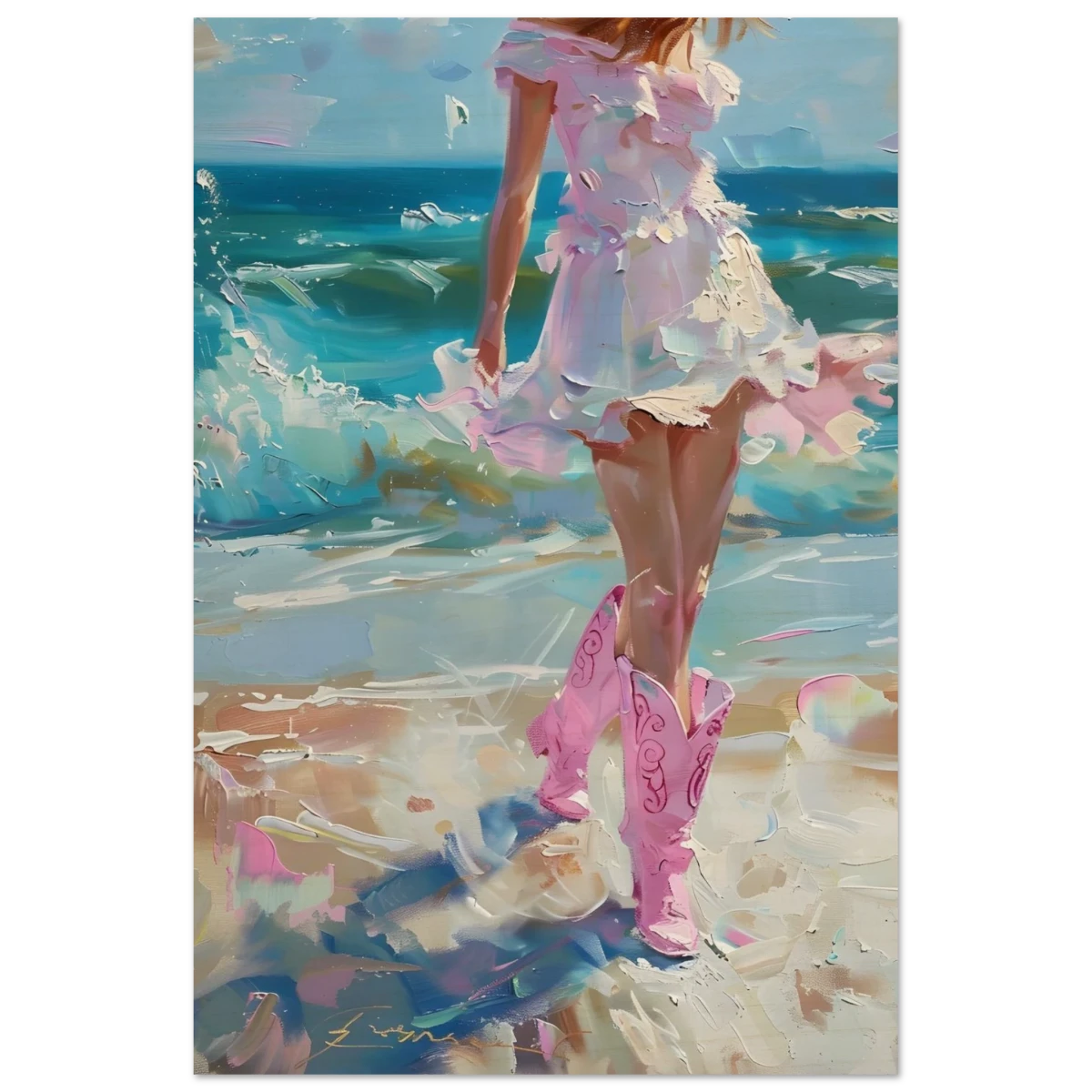 "Seaside Sass" – Pink Boots & Ocean Breeze | Wall Art Print - Wood Prints - 50x75 cm / 20x30″ -