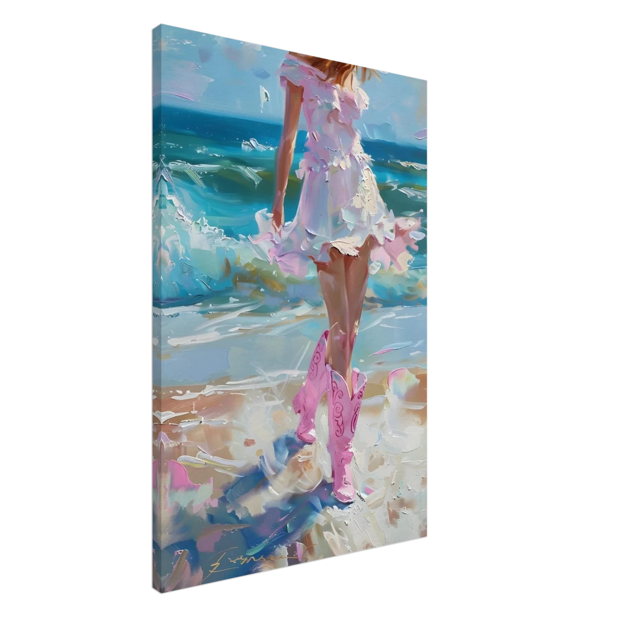 "Seaside Sass" – Pink Boots & Ocean Breeze | Wall Art Print - Canvas - 60x90 cm / 24x36″ -