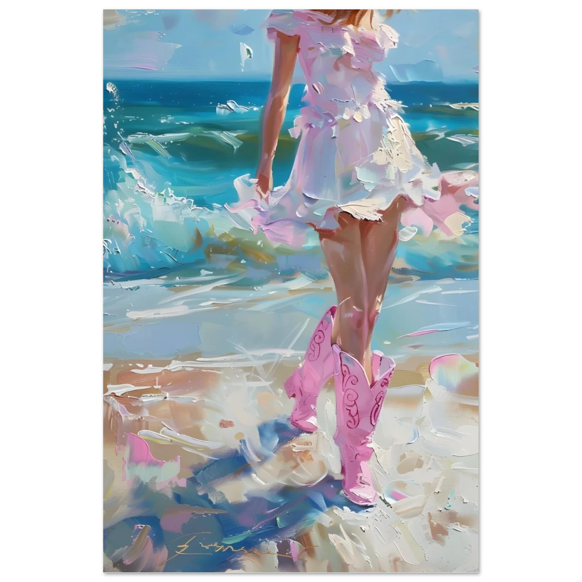 "Seaside Sass" – Pink Boots & Ocean Breeze | Wall Art Print - Fine Art Poster - 40x60 cm / 16x24″ -