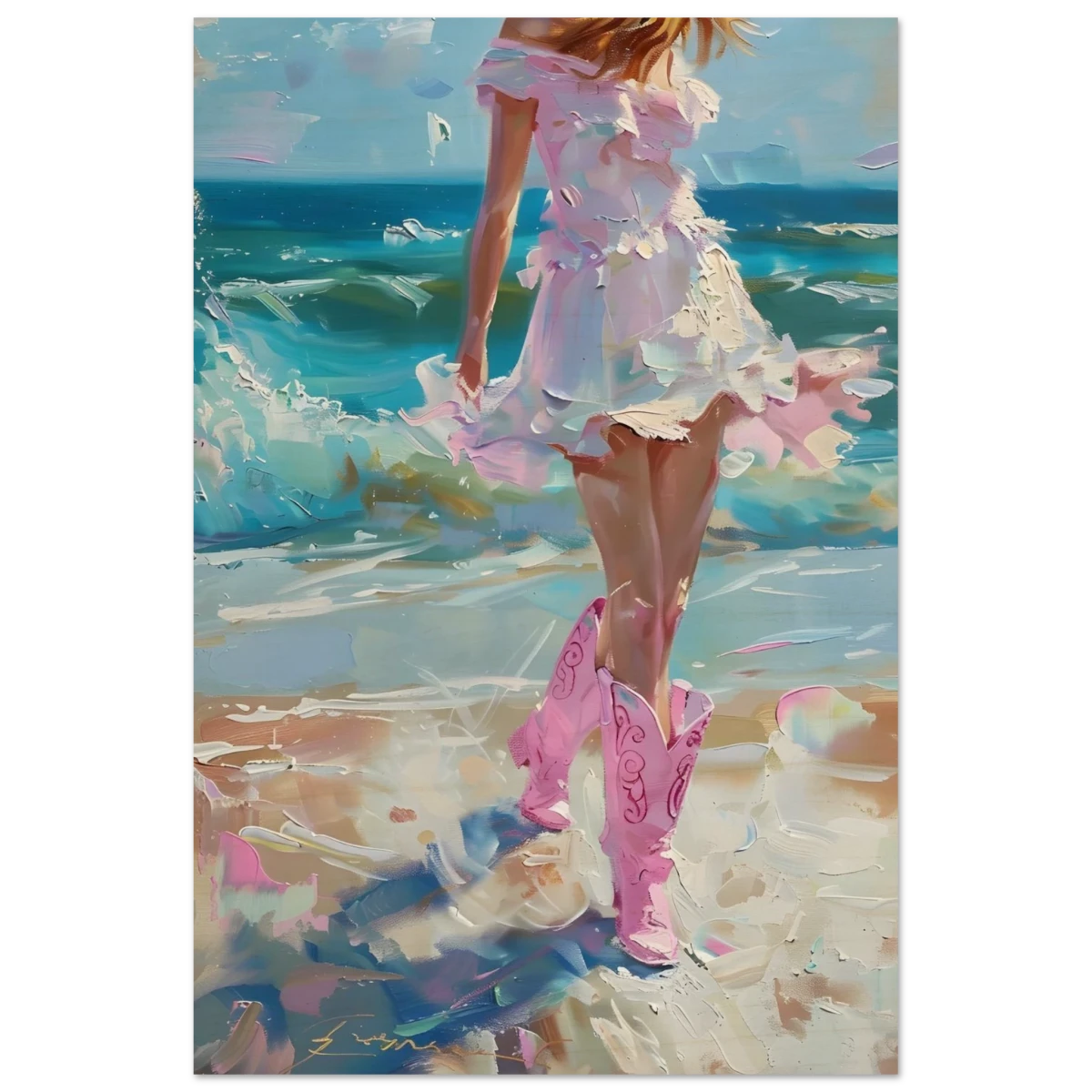 "Seaside Sass" – Pink Boots & Ocean Breeze | Wall Art Print - Wood Prints - 20x30 cm / 8x12″ -
