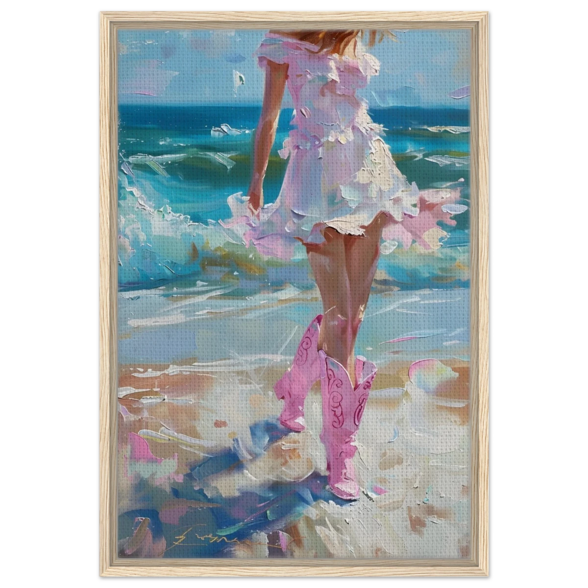 "Seaside Sass" – Pink Boots & Ocean Breeze | Wall Art Print - Framed Canvas - 50x75 cm / 20x30″ - Wood frame