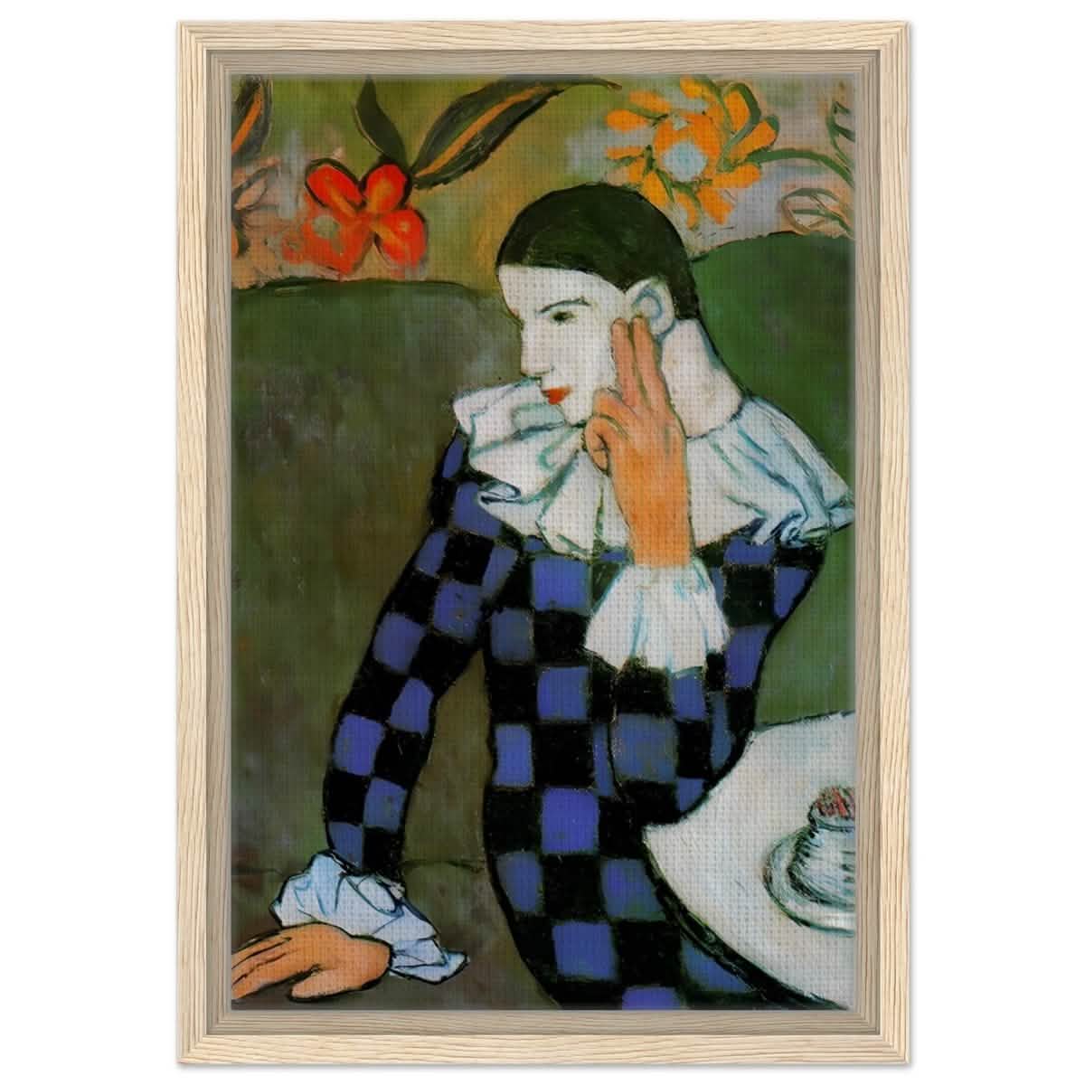 Seated Harlequin by Pablo Picasso | Cubism wall art print | Post impressionism - Framed Canvas - 30x45 cm / 12x18″ - Wood frame