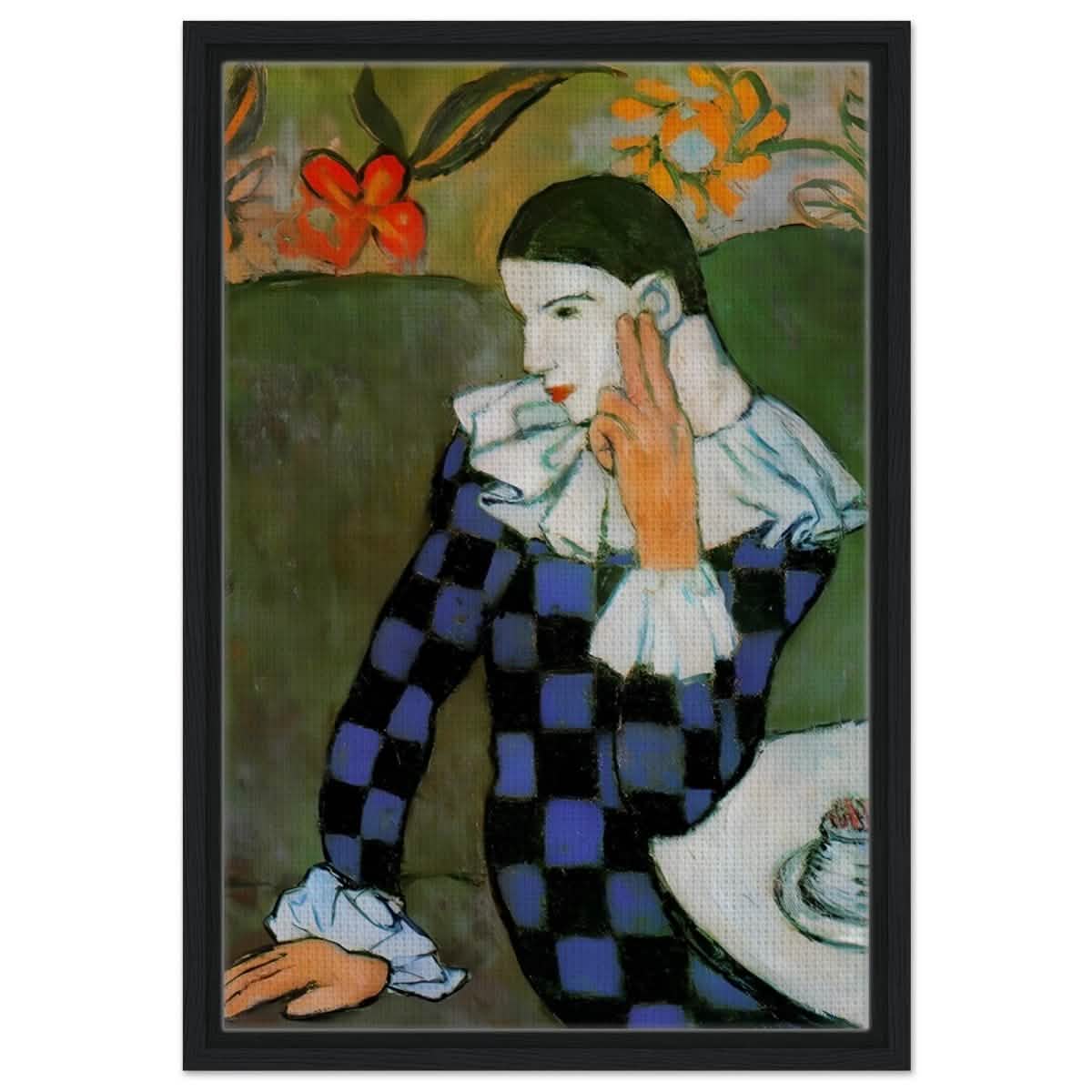 Seated Harlequin by Pablo Picasso | Cubism wall art print | Post impressionism - Framed Canvas - 40x60 cm / 16x24″ - Black frame