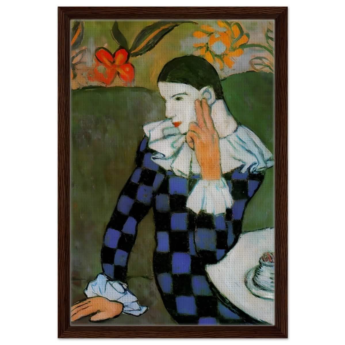 Seated Harlequin by Pablo Picasso | Cubism wall art print | Post impressionism - Framed Canvas - 40x60 cm / 16x24″ - Dark wood frame