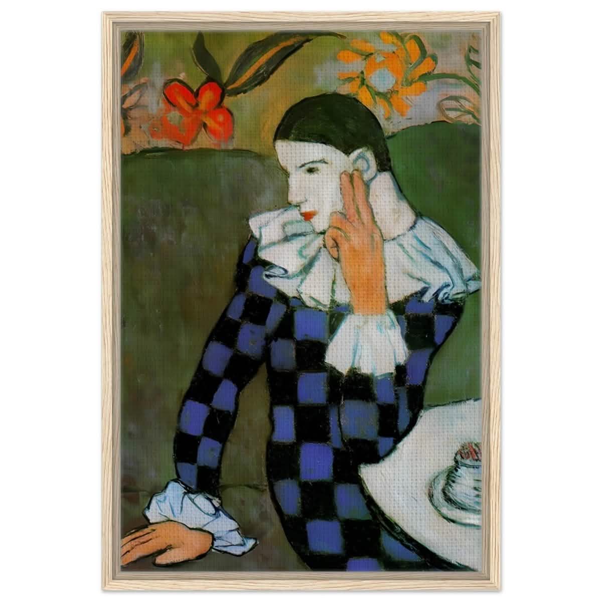 Seated Harlequin by Pablo Picasso | Cubism wall art print | Post impressionism - Framed Canvas - 50x75 cm / 20x30″ - Wood frame