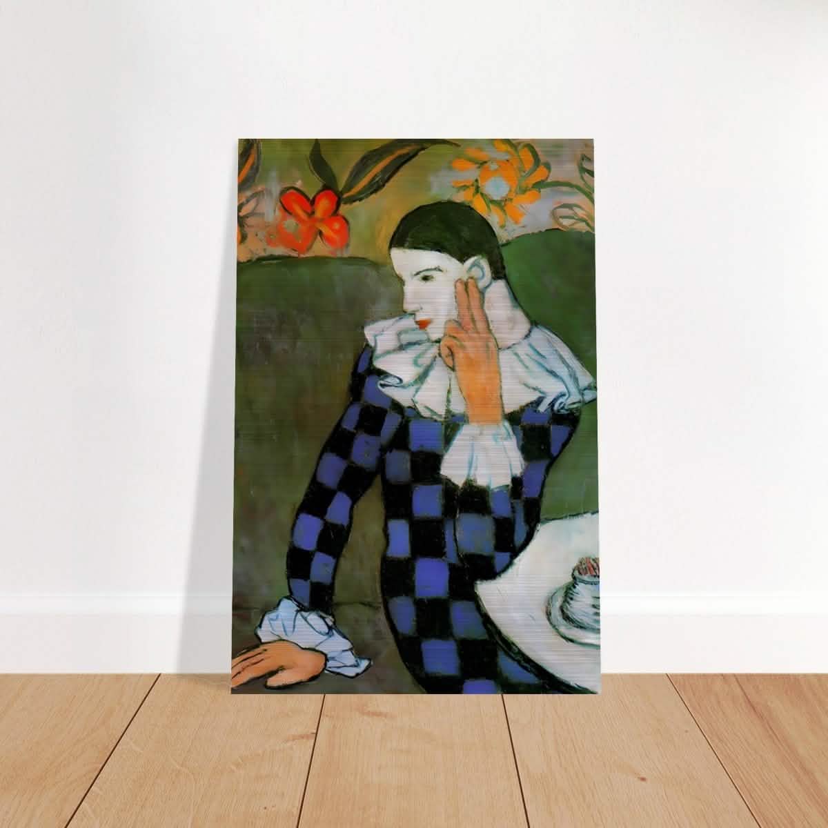Seated Harlequin by Pablo Picasso | Cubism wall art print | Post impressionism - Brushed Aluminum Print - 30x45 cm / 12x18″ -