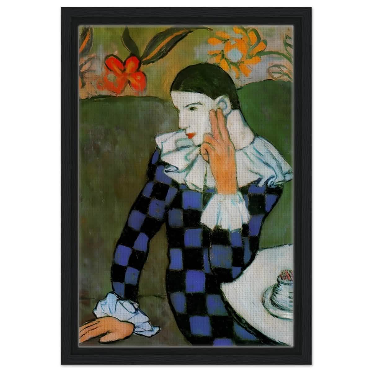 Seated Harlequin by Pablo Picasso | Cubism wall art print | Post impressionism - Framed Canvas - 30x45 cm / 12x18″ - Black frame