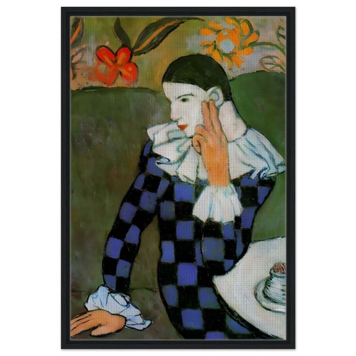 Seated Harlequin by Pablo Picasso | Cubism wall art print | Post impressionism - Framed Canvas - 60x90 cm / 24x36″ - Black frame