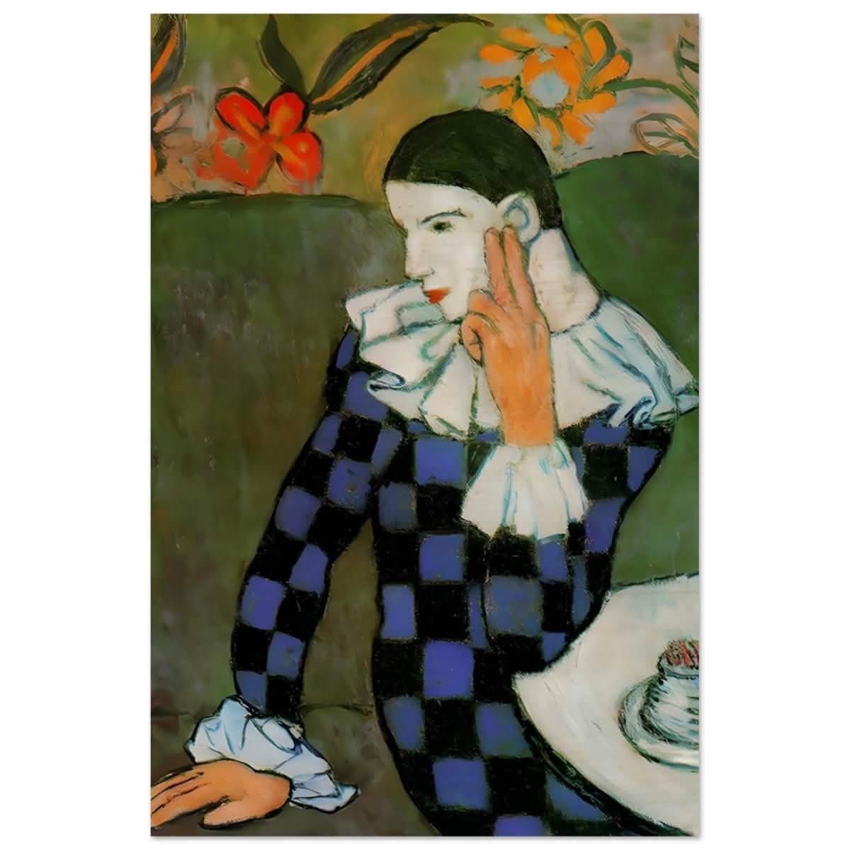 Seated Harlequin by Pablo Picasso | Cubism wall art print | Post impressionism - Wood Prints - 50x75 cm / 20x30″ - 20 mm