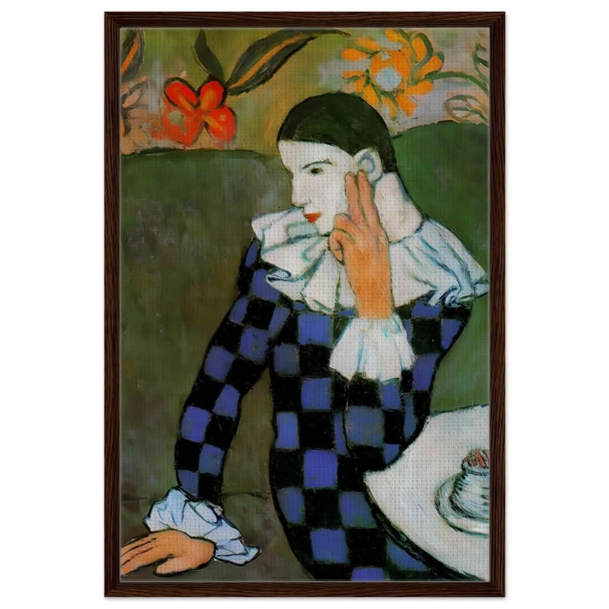 Seated Harlequin by Pablo Picasso | Cubism wall art print | Post impressionism - Framed Canvas - 60x90 cm / 24x36″ - Dark wood frame