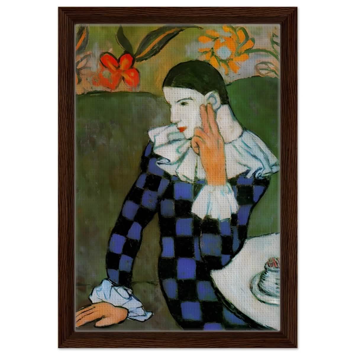 Seated Harlequin by Pablo Picasso | Cubism wall art print | Post impressionism - Framed Canvas - 30x45 cm / 12x18″ - Dark wood frame