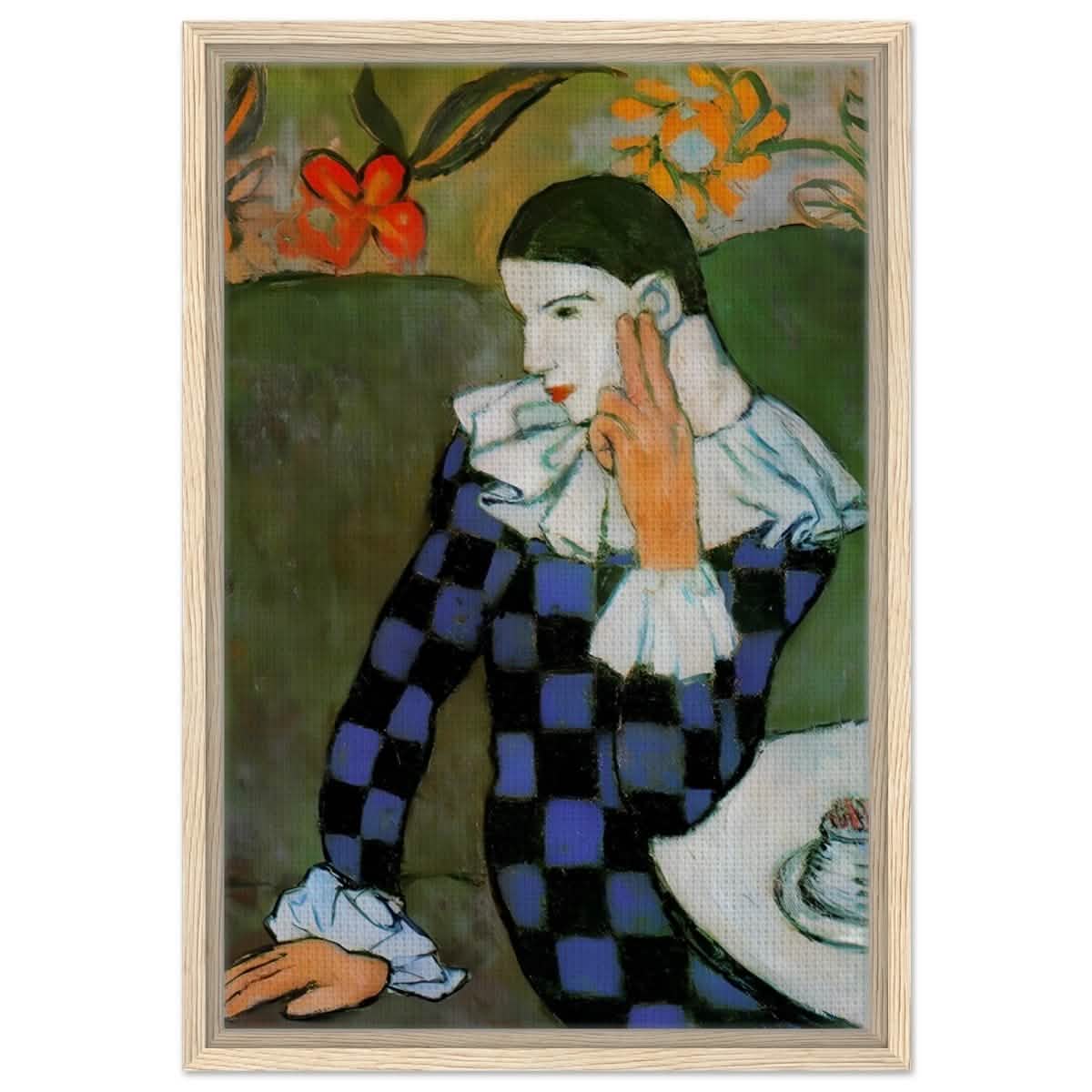 Seated Harlequin by Pablo Picasso | Cubism wall art print | Post impressionism - Framed Canvas - 40x60 cm / 16x24″ - Wood frame