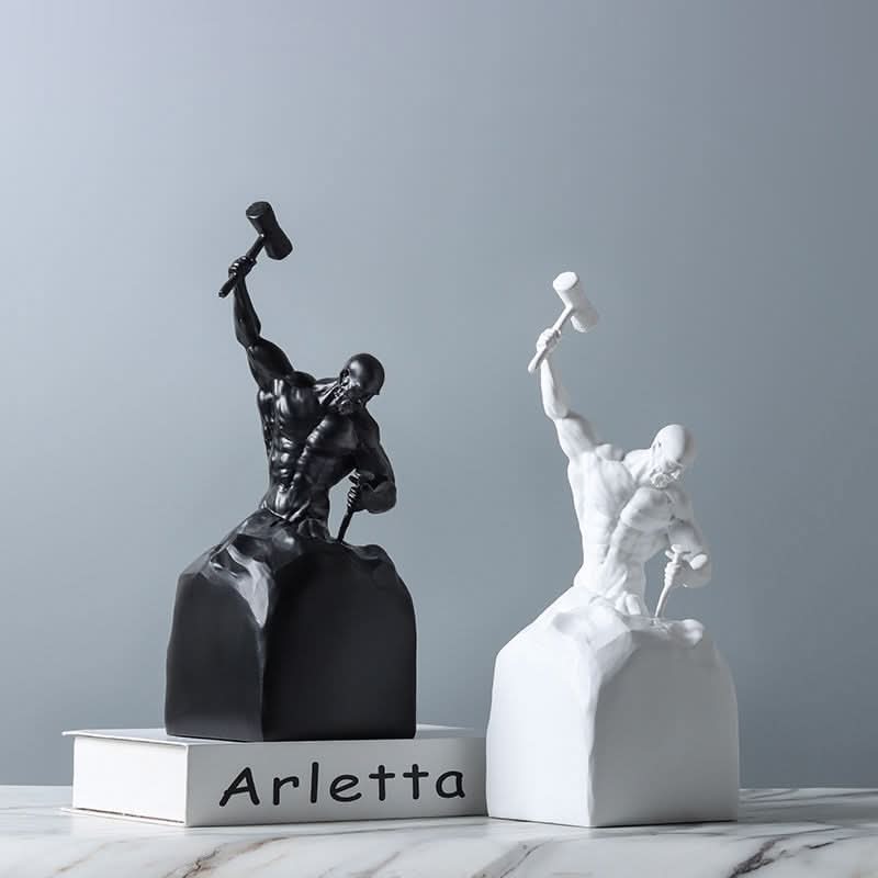 Self - Made Man Resin Sculpture – Inspirational Hammer & Chisel Figurine (Black & White) - Black -