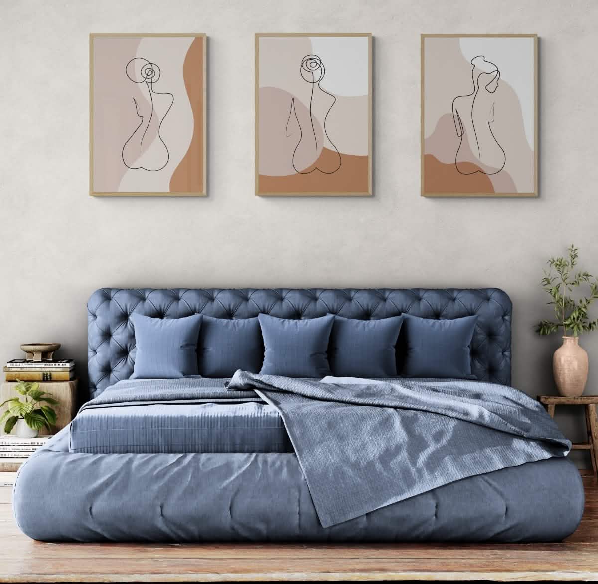 Serene Silhouettes – Minimalist Line Art Trio | wall art print trio set - Framed Canvas - 30X45 CM / 12X18″ - Wood frame