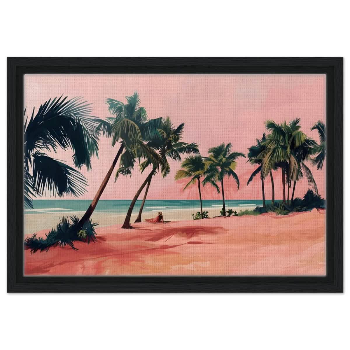 Serenity by the Pink Shore | Contemporary Tropical Landscape Art - Framed Canvas - 30x45 cm / 12x18″ - Black frame