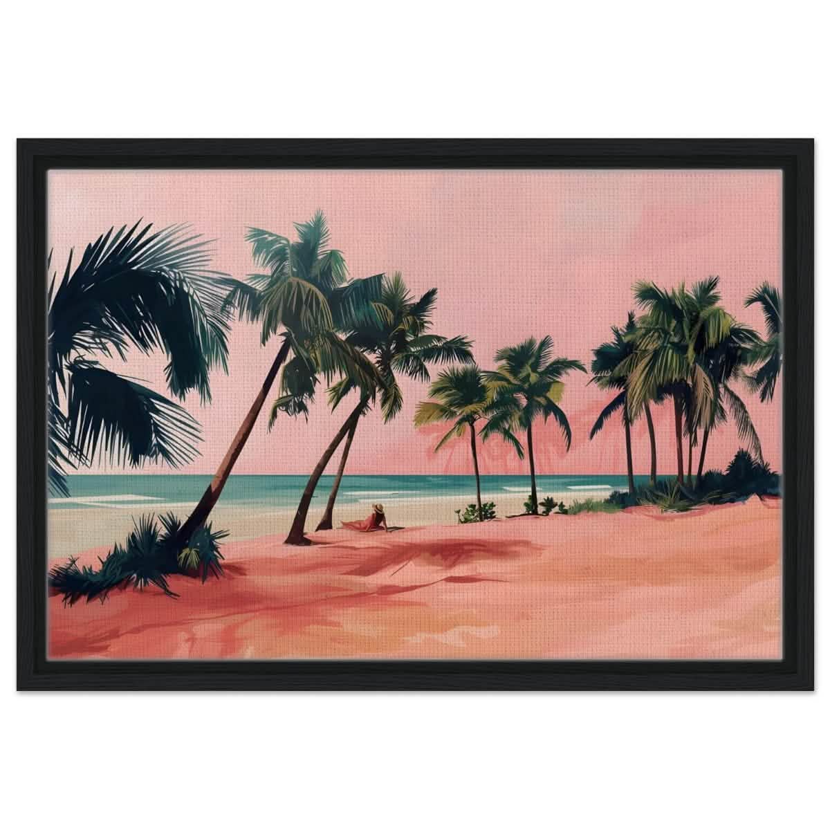 Serenity by the Pink Shore | Contemporary Tropical Landscape Art - Framed Canvas - 40x60 cm / 16x24″ - Black frame