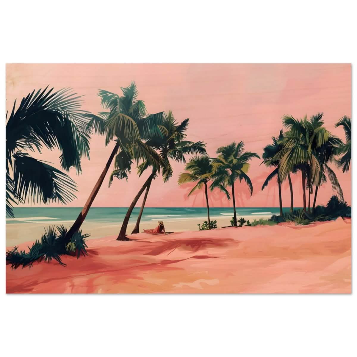 Serenity by the Pink Shore | Contemporary Tropical Landscape Art - Wood Prints - 40x60 cm / 16x24″ -