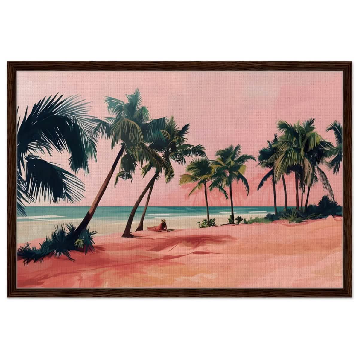 Serenity by the Pink Shore | Contemporary Tropical Landscape Art - Framed Canvas - 60x90 cm / 24x36″ - Dark wood frame
