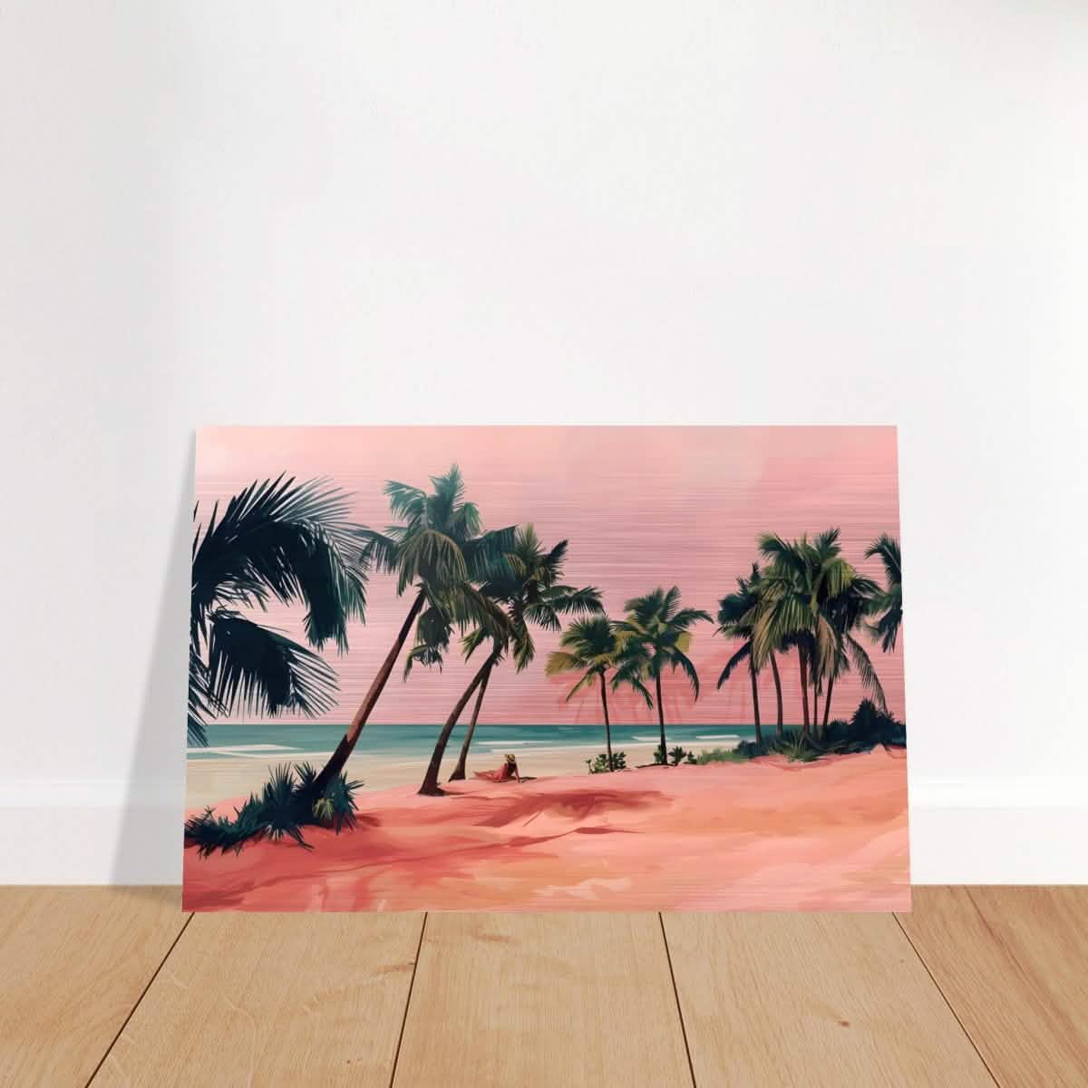 Serenity by the Pink Shore | Contemporary Tropical Landscape Art - Brushed Aluminum Print - 60x90 cm / 24x36″ -