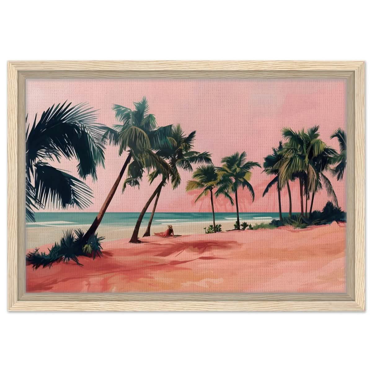 Serenity by the Pink Shore | Contemporary Tropical Landscape Art - Framed Canvas - 30x45 cm / 12x18″ - Wood frame