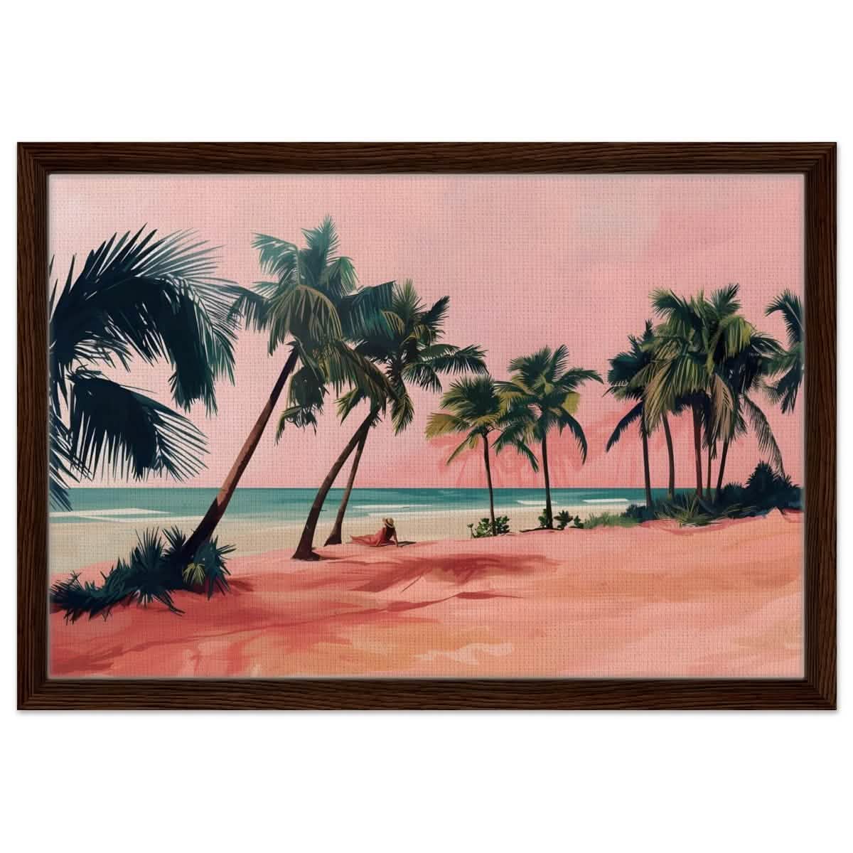 Serenity by the Pink Shore | Contemporary Tropical Landscape Art - Framed Canvas - 40x60 cm / 16x24″ - Dark wood frame