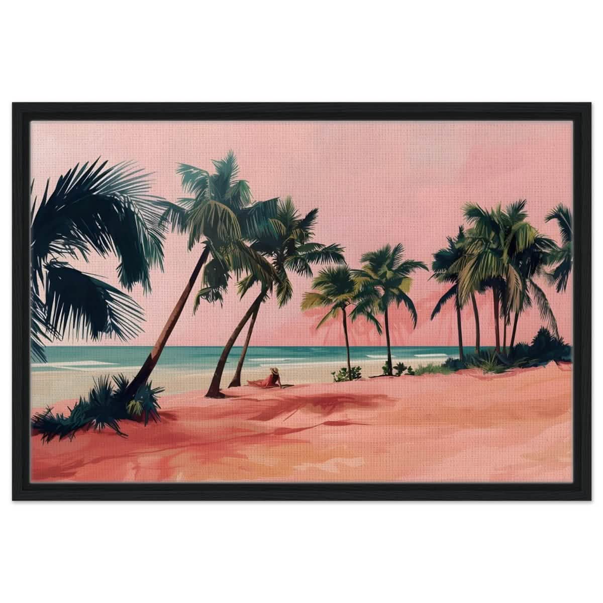 Serenity by the Pink Shore | Contemporary Tropical Landscape Art - Framed Canvas - 50x75 cm / 20x30″ - Black frame