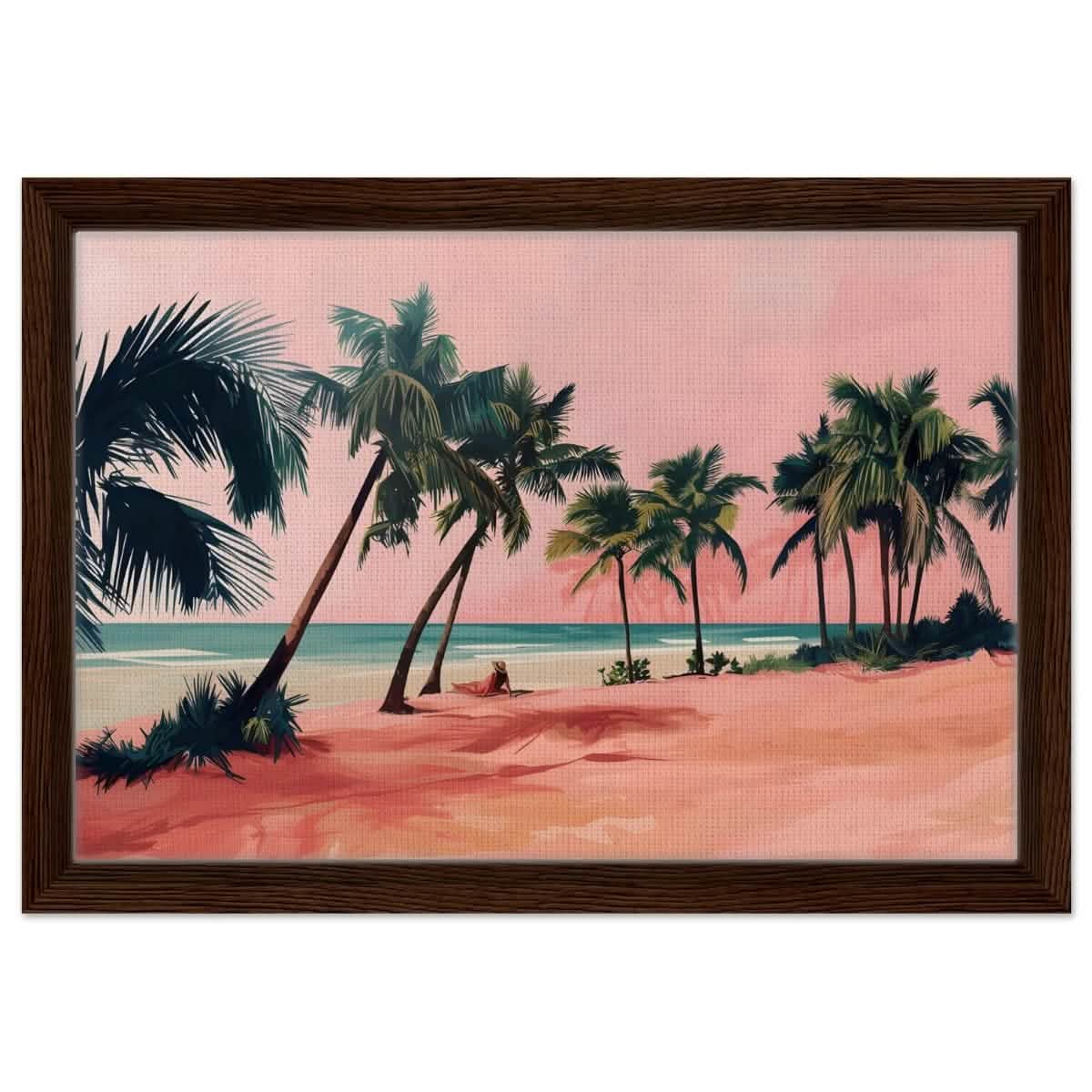 Serenity by the Pink Shore | Contemporary Tropical Landscape Art - Framed Canvas - 30x45 cm / 12x18″ - Dark wood frame