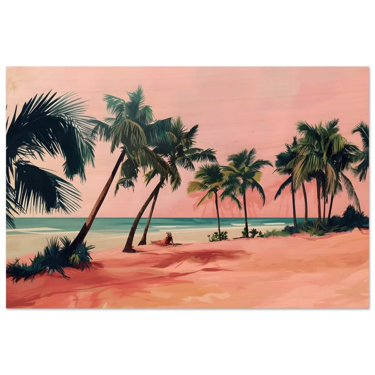Serenity by the Pink Shore | Contemporary Tropical Landscape Art - Wood Prints - 60x90 cm / 24x36″ -