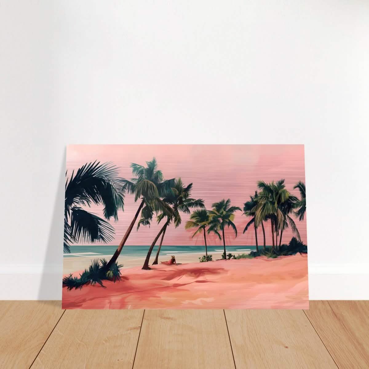 Serenity by the Pink Shore | Contemporary Tropical Landscape Art - Brushed Aluminum Print - 30x45 cm / 12x18″ -