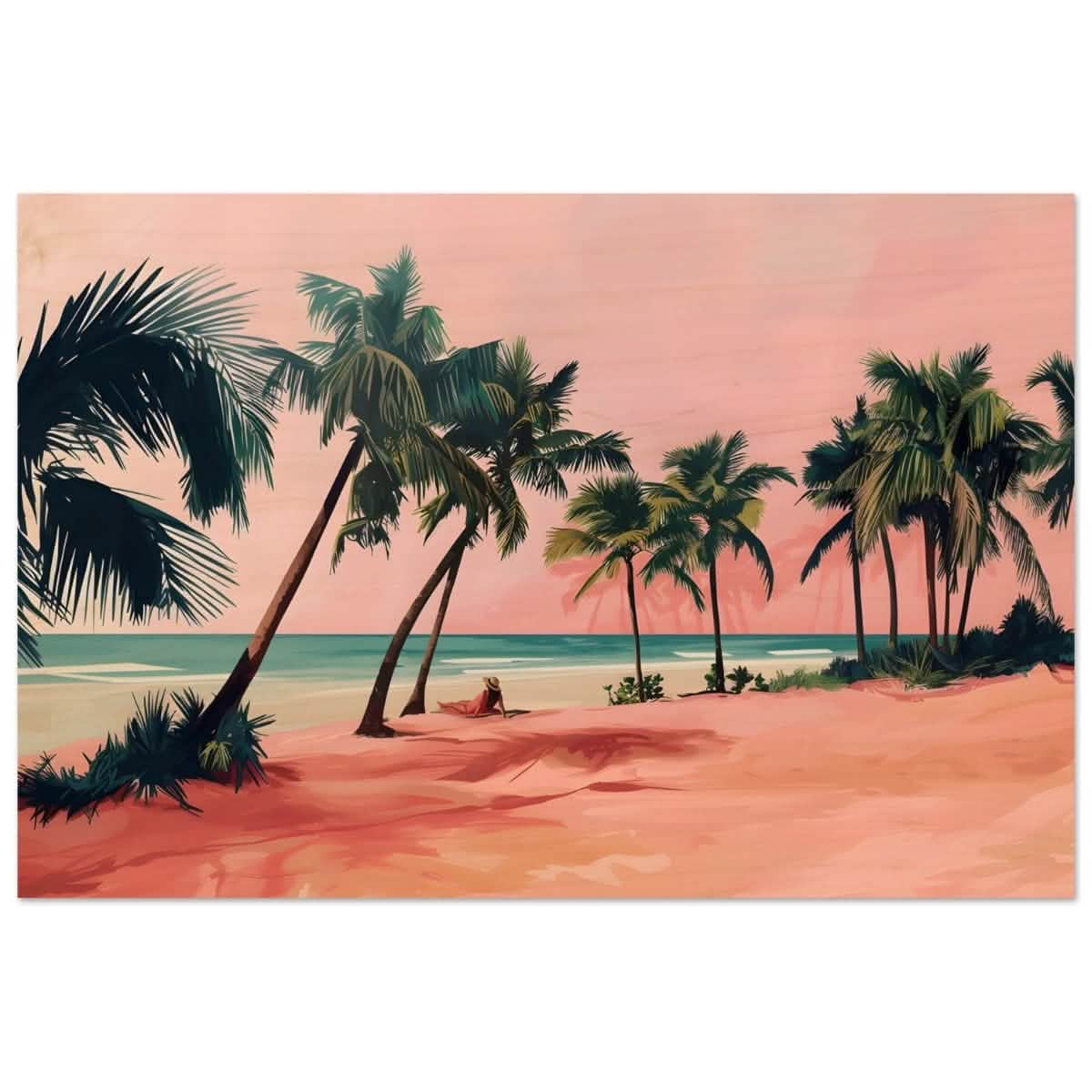 Serenity by the Pink Shore | Contemporary Tropical Landscape Art - Wood Prints - 30x45 cm / 12x18″ -
