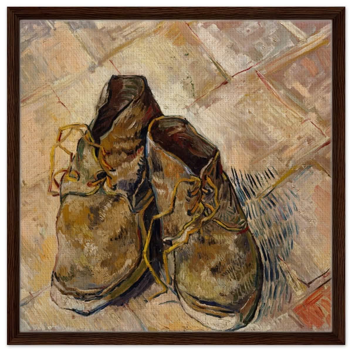 Shoes by Vincent van Gogh | Vintage wall art print - Framed Canvas - 60x60 cm / 24x24″ - Dark wood frame