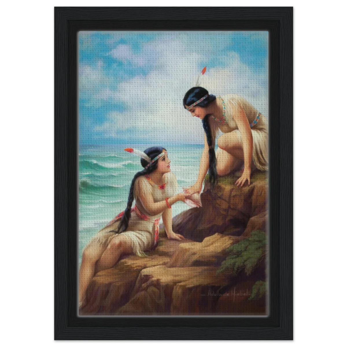 "Shores of Sisterhood" – Vintage Figurative Painting by Adelaide Hiebel | Classic Romantic Wall Art Print - Framed Canvas - 20x30 cm / 8x12″ - Black frame