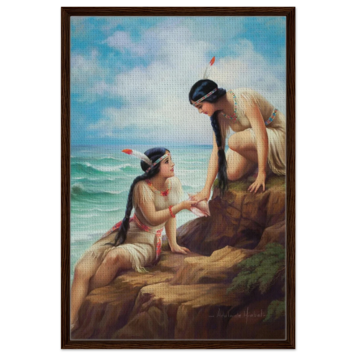 "Shores of Sisterhood" – Vintage Figurative Painting by Adelaide Hiebel | Classic Romantic Wall Art Print - Framed Canvas - 60x90 cm / 24x36″ - Dark wood frame