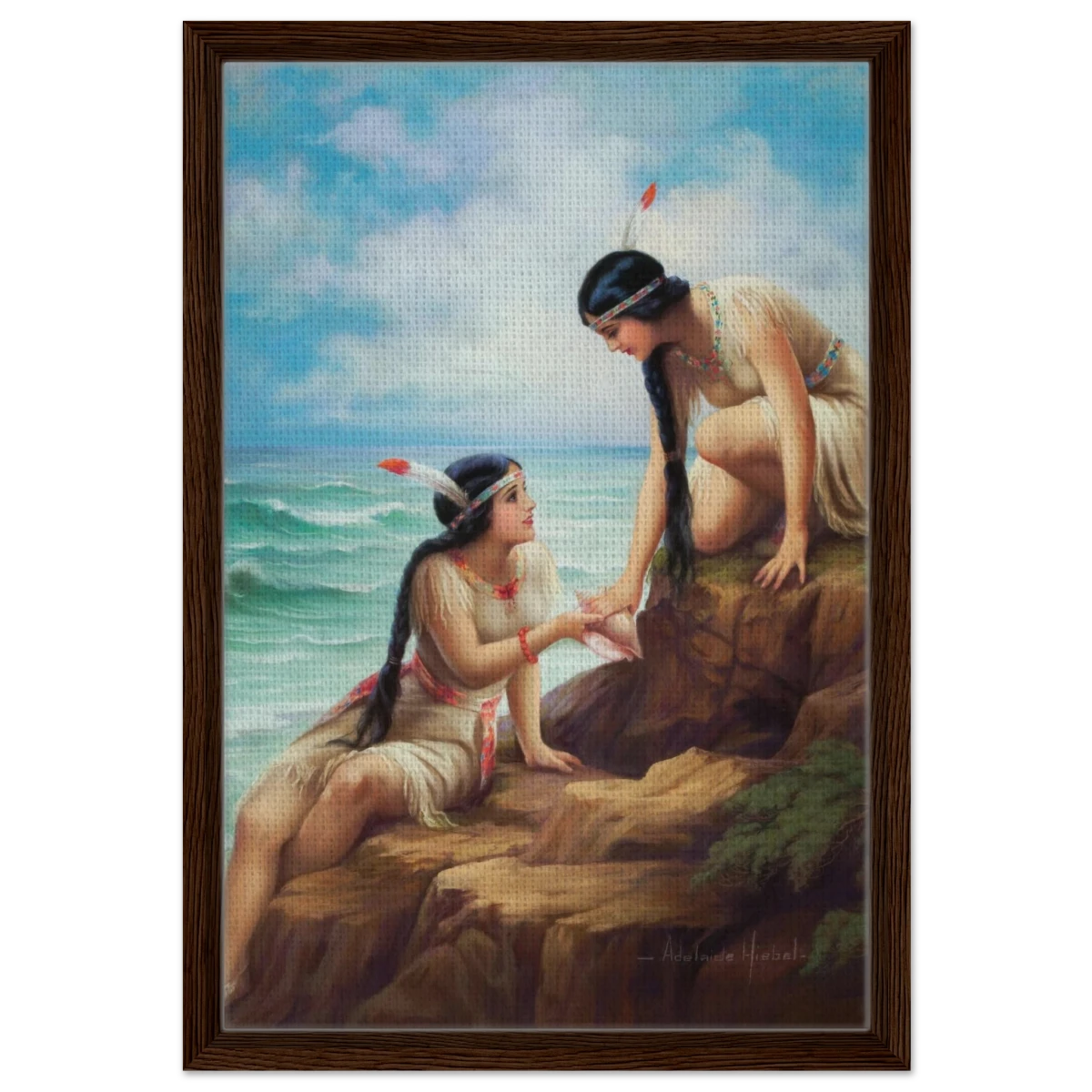 "Shores of Sisterhood" – Vintage Figurative Painting by Adelaide Hiebel | Classic Romantic Wall Art Print - Framed Canvas - 40x60 cm / 16x24″ - Dark wood frame