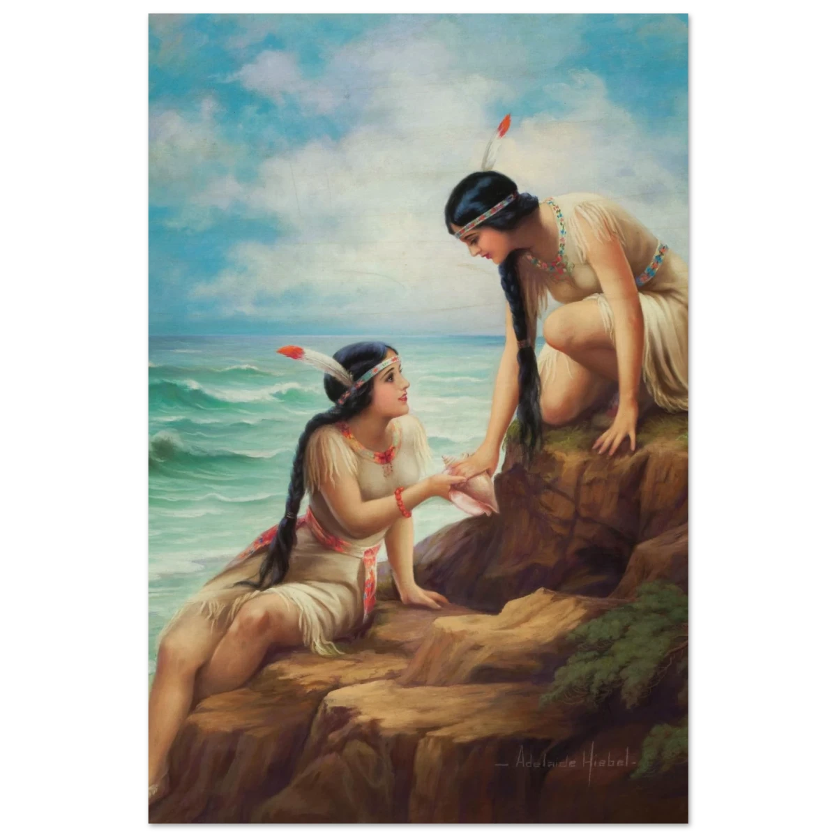 "Shores of Sisterhood" – Vintage Figurative Painting by Adelaide Hiebel | Classic Romantic Wall Art Print - Wood Prints - 40x60 cm / 16x24″ -